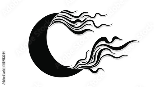 Mystical crescent moon with fiery, flowing hair against a white background.