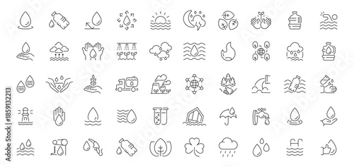 Set of water weather and nature related line icons.