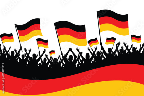 A vibrant illustration depicts a crowd celebrating beneath a waving display of german flags symbolizing national pride and unity