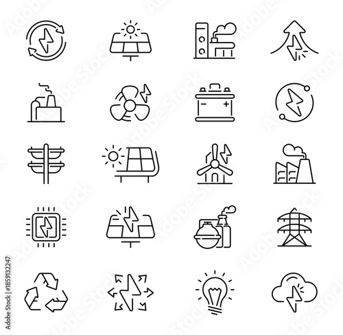 Renewable Energy Line Icons Set Solar Wind and Hydro Power Symbols.