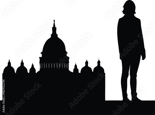 A solitary person silhouette stands beside a grand domed government building structure