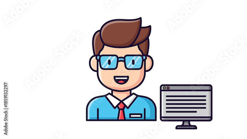 Smiling man with glasses and computer screen, working on project.