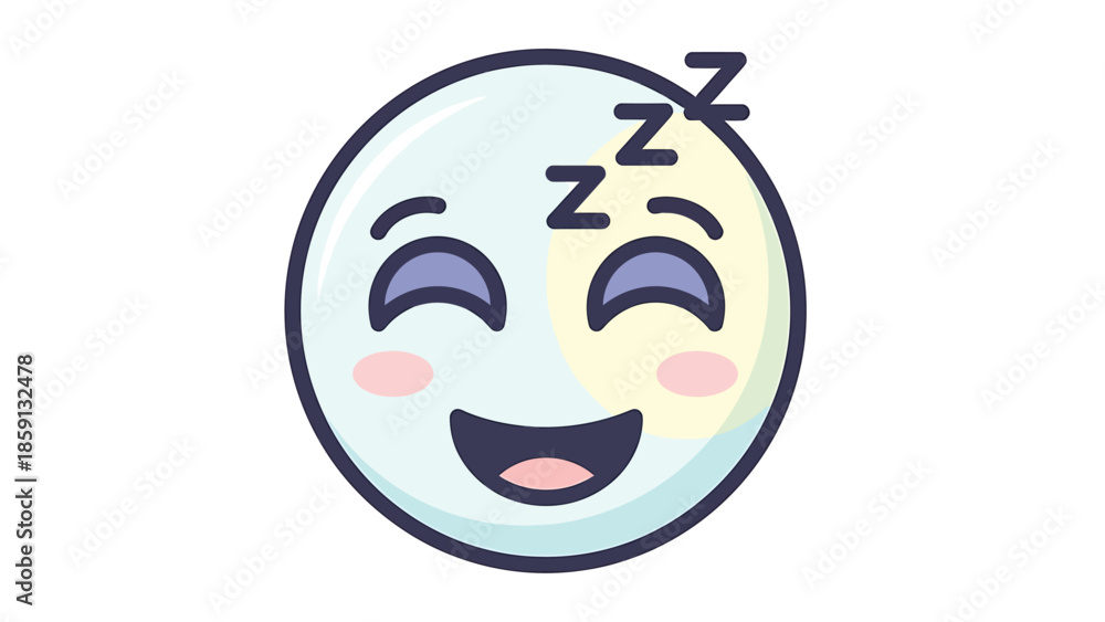 Fototapeta premium Smiling sleeping emoji with closed eyes and cute rosy cheeks.