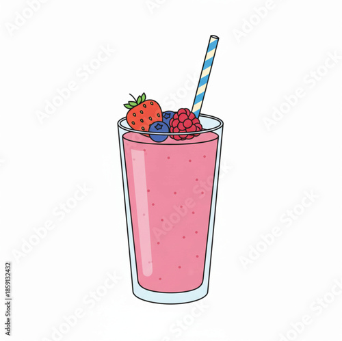 Pink Smoothie in Glass with Straw and Berry