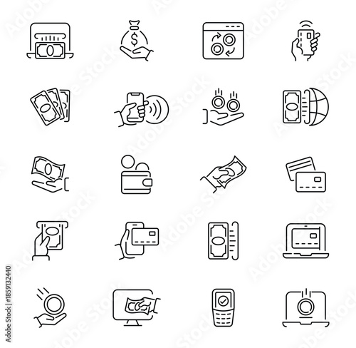 Set of financial transaction icons showing various methods of money exchange and banking operations.