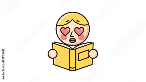 Person deeply engrossed in reading a book with heart-shaped eyes, showing love for literature.