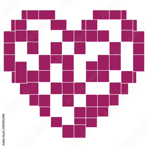 Purple heart shape composed of small squares digital illustration for design and art projects