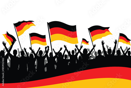 A vibrant depiction of a german celebration showcasing numerous national flags and silhouetted figures expressing enthusiastic support high quality