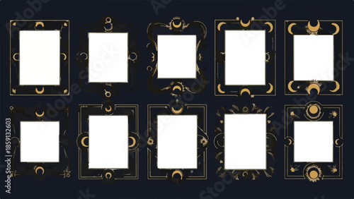 Set of 10 Modern Esoteric Dark and Gold Celestial Frames Collection Vector Mockup isolated PNG with Transparent Background