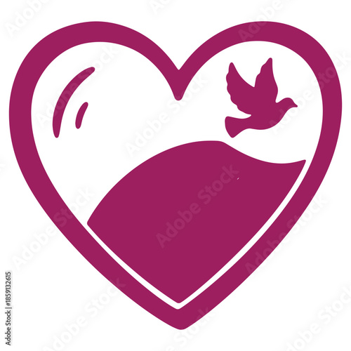 Purple Heart Shape with Bird and Book Icon for Love Learning and Peace Concept