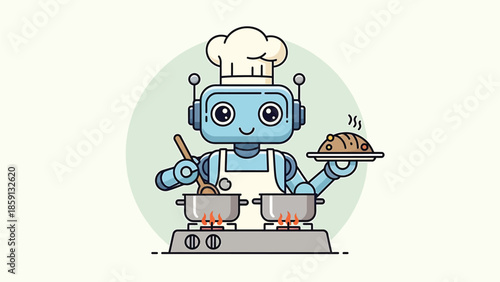 Robot chef cooking delicious food with a smile, ready to serve.