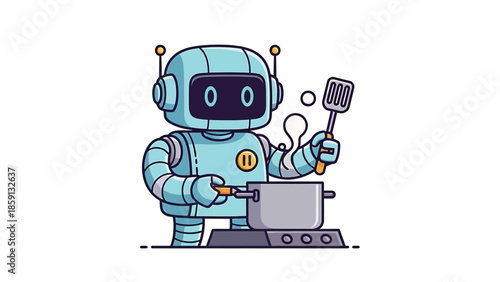 Robot chef cooking in the kitchen, preparing food with utensils and pot.