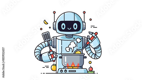 Robot chef cooking delicious meal in a pot on a stove with fire.