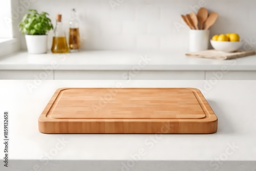 Wooden Cutting Board on Kitchen Counter for Food & Brand Marketing