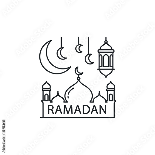 Ramadan Kareem line art icon with mosque, crescent moon and lantern, Islamic celebration