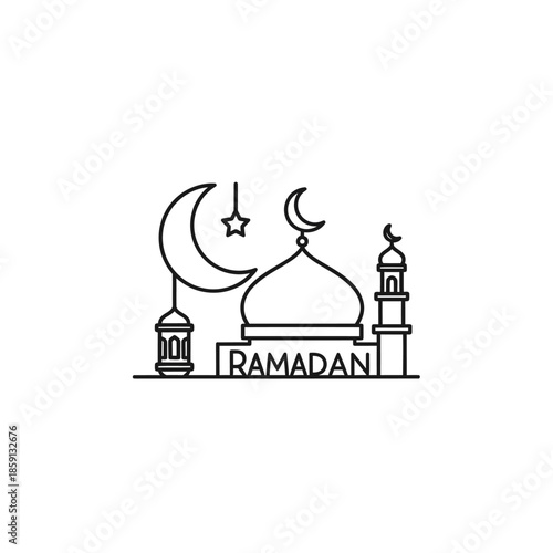 Ramadan Kareem Line Art: Mosque, Crescent Moon, Star, and Lantern Icon