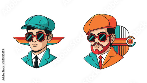 Stylish portraits of men wearing sunglasses and caps, artistic illustrations.
