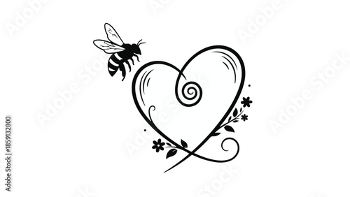 Whimsical bee flies near a decorative heart with floral accents, symbolizing love and nature.