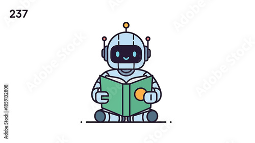 Robot reading a book, focused and engaged in learning, studying knowledge.