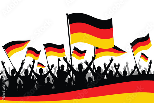 A vibrant depiction of german national pride a crowd silhouetted against waving german flags showcasing patriotic fervor high quality