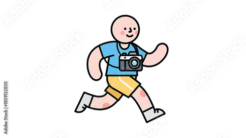 Running photographer capturing moments, exploring the world with a camera, adventure and travel.