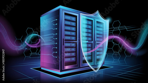 Secure Server Cabinet Illustration with Shield Icon and Neon Lights Isometric Vector Graphic Representation