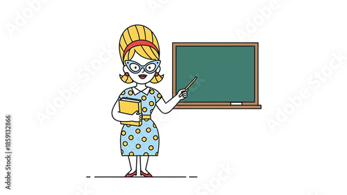 Teacher in a classroom with glasses and a book pointing at the chalkboard.