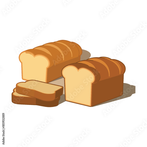 Two loaves of sliced white bread and three slices of bread on a white background loaf food