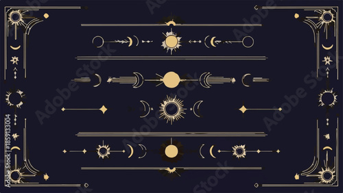 Vector set of ornate mystical gold borders, dividers, frames, and celestial elements for design isolated PNG with Transparent Background