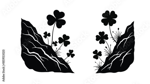 Lucky clover sprouts emerging from rocky outcrops, symbolizing growth and hope.