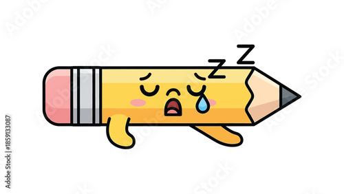 Tired pencil cartoon character with closed eyes and tears, sleeping peacefully.
