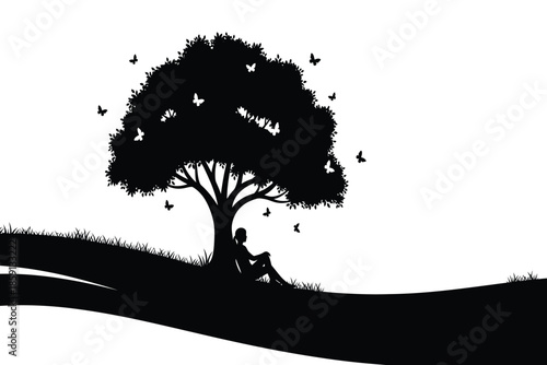a solitary figure sits peacefully beneath the sprawling branches of a silhouetted tree surrounded by fluttering butterflies in a minimalist landscape