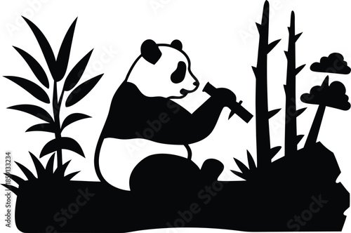Adorable giant panda gracefully enjoys a fresh bamboo snack within a lush natural forest environment