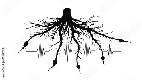 Tree roots intertwined with a heartbeat line, symbolizing life and connection to nature's rhythm.