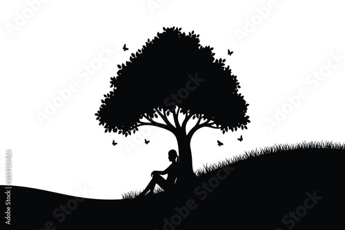 a solitary figure rests beneath the sprawling branches of a majestic tree silhouetted against a bright and expansive sky evoking peaceful contemplation
