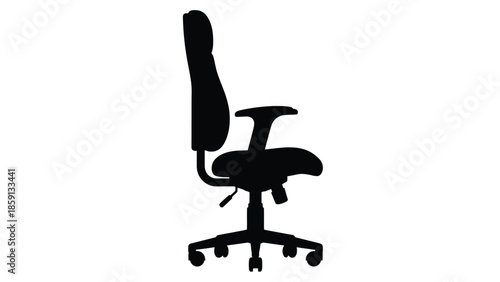 Silhouette profile of an ergonomic office chair with high back support adjustable armrests and a wheeled base isolated on a white background perfect for design concepts.