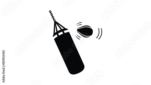 Black and white graphic icon depicting a heavy punching bag being struck with force indicating vigorous training and intense cardiovascular workout activity for martial arts.