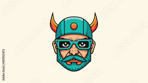 Viking with glasses and beard, wearing a helmet with horns, looking straight ahead.