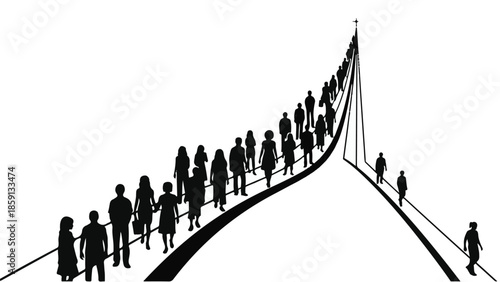 Silhouettes of a large group of people walking together on a pathway towards a brighter future.