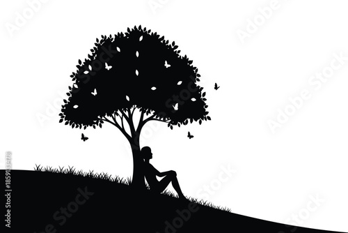 a silhouette of a tree with a person sitting beneath it a peaceful scene evoking solitude and contemplation