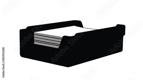 Black and white silhouette icon representing a desktop business card holder tray filled with stacked white cards ready for easy access in an office setting