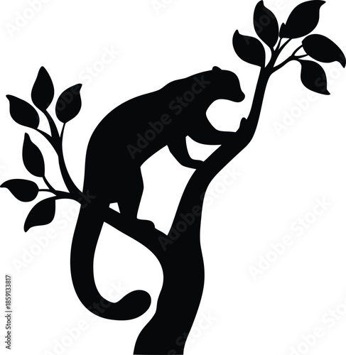 Agile Arboreal Mammal Silhouette Navigating a Leafy Tree Branch with Its Long Tail