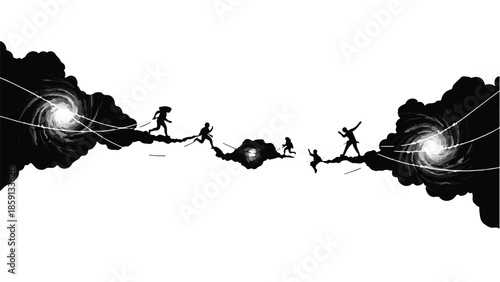 Silhouetted figures navigate a cosmic pathway between swirling portals of light.