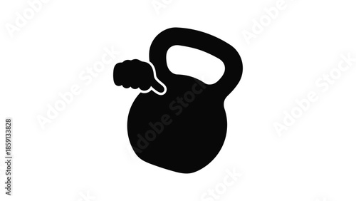 Simple black and white icon design depicting a hand gripping the rounded body of a kettlebell weight used for intense strength training and functional fitness exercises in a minimalist graphic style