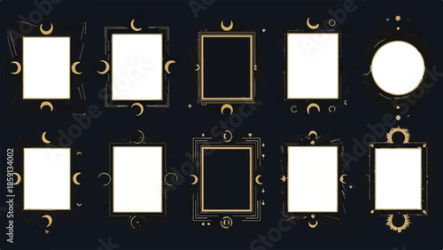 Set of 10 Ornate Gold and Black Celestial Frames with Moon and Star Accents