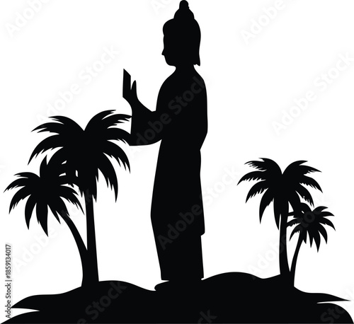 Ancient Buddha silhouette looking right and holding an object surrounded by tropical palms