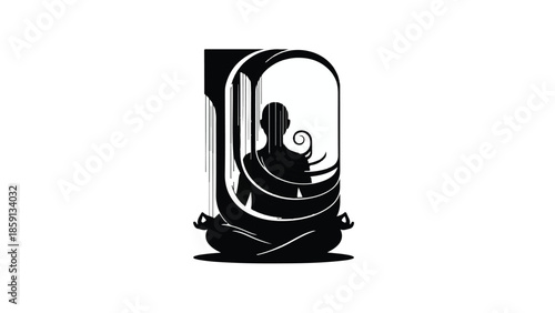 Serene silhouette meditating within an abstract, stylized archway, embracing inner peace and mindfulness.