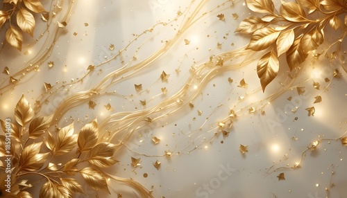 Luxurious gold wallpaper banner with white background, light stripes, elegant leaf accents