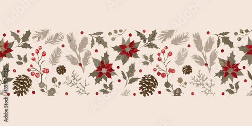A seamless festive border featuring traditional christmas botanical elements