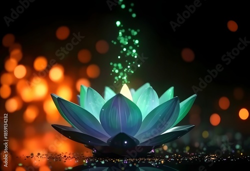 Fleur de lotus mystique verte rayonnant d'une énergie lumineuse bleu sarcelle et turquoise sur un fond sombre avec effet bokeh.